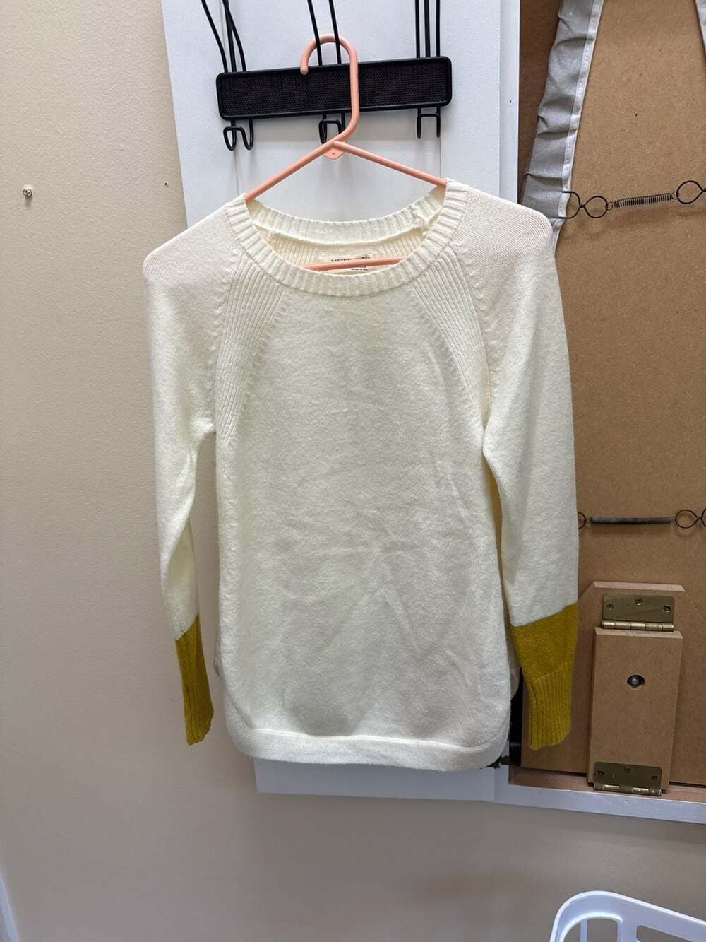 Anthropologie Cream Raglan Knit Sweater with Mustard Yellow Colorblock Cuffs